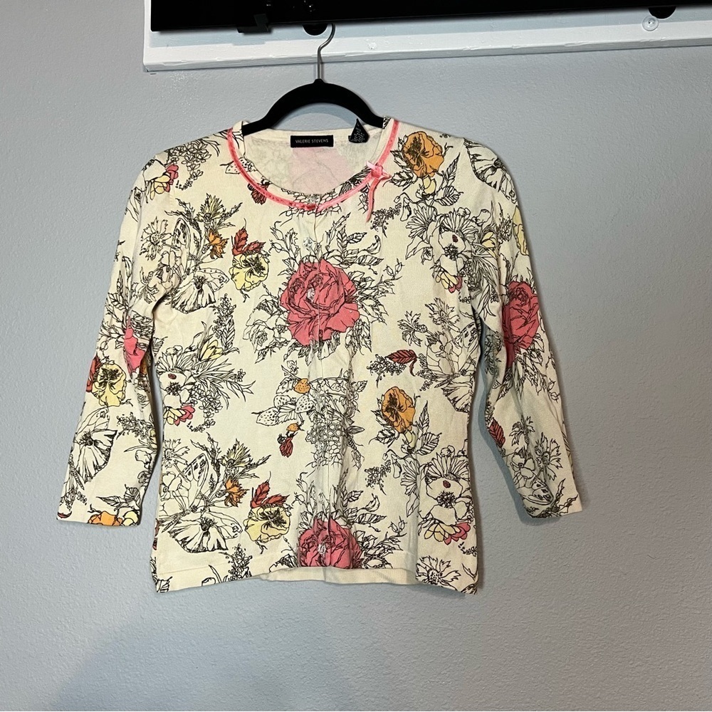 Valerie Stevens Silk Blend Floral Cream Cardigan Sweater Size Small Rhinestones
